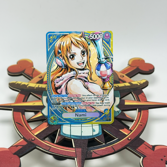 Card featuring Nami from One Piece, blue yellow op11 leader. Heroines.